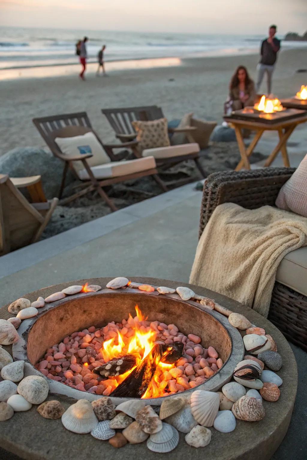 Create a warm and inviting fire pit area with seashells.