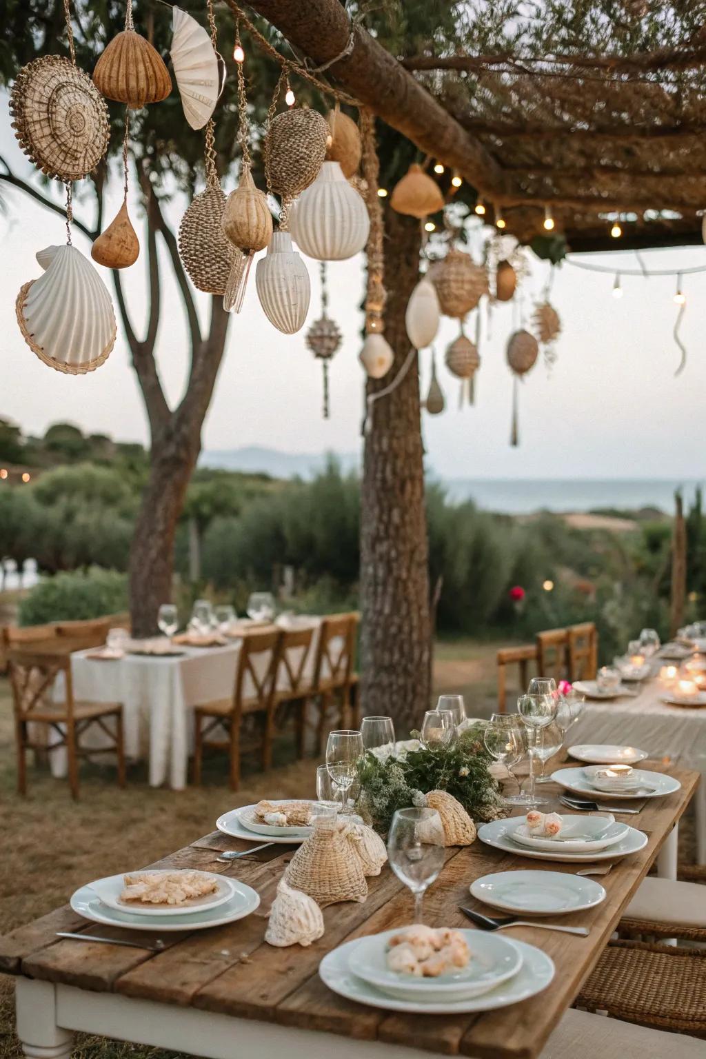 Seashells add a coastal touch to outdoor dining setups.