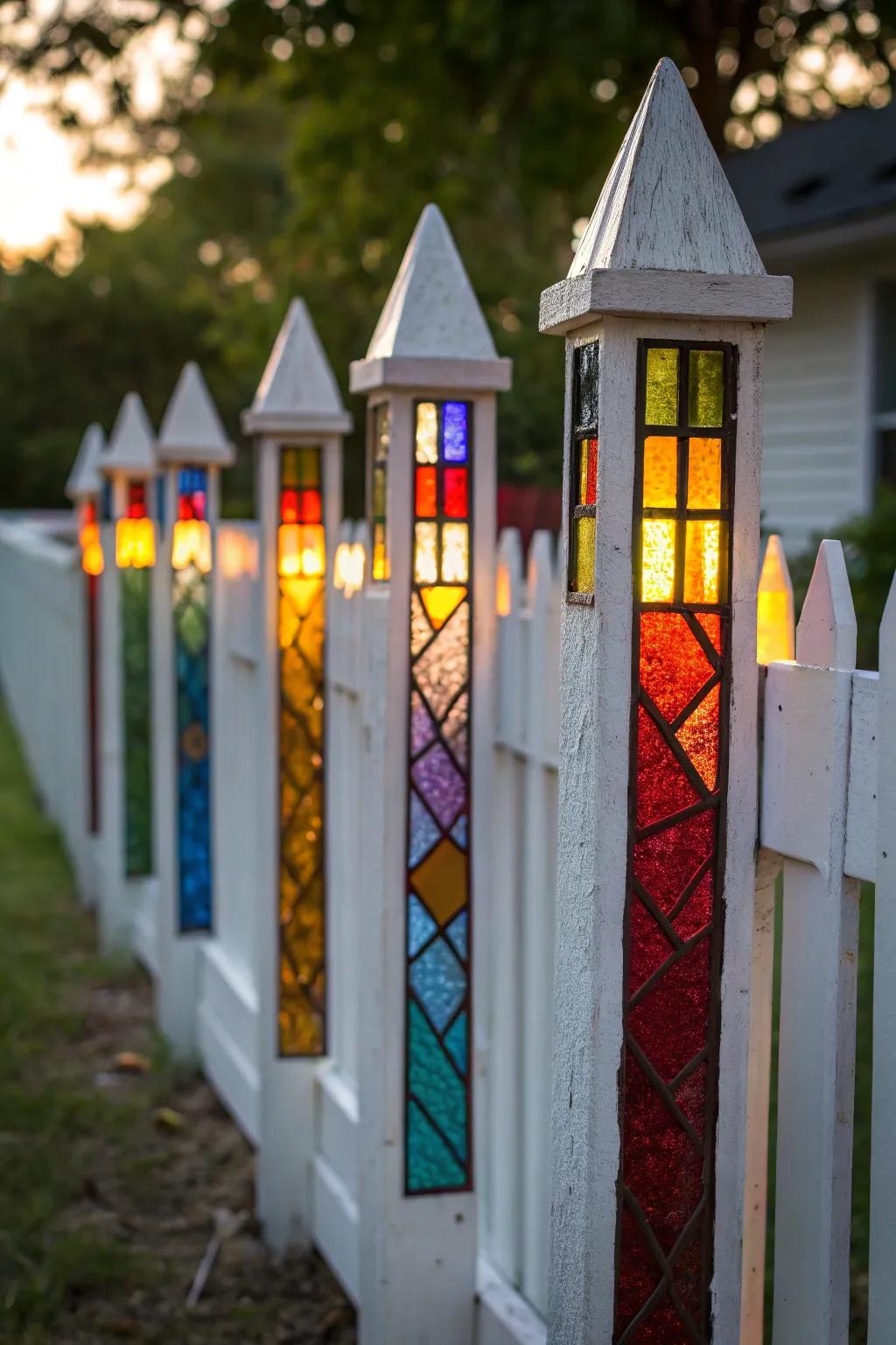 Add a touch of color with stained glass on your fence posts.