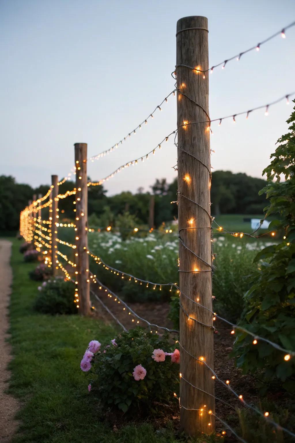 Create a magical ambiance with fairy lights on your fence posts.