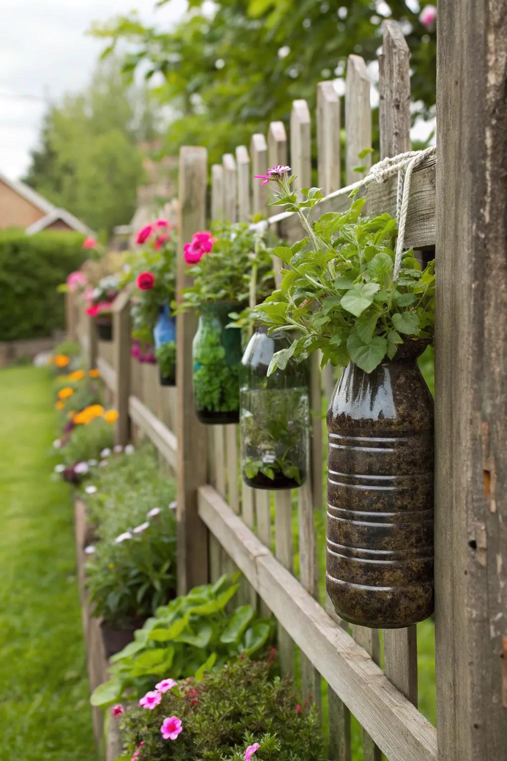 Recycle and beautify with bottle planters on your fence posts.