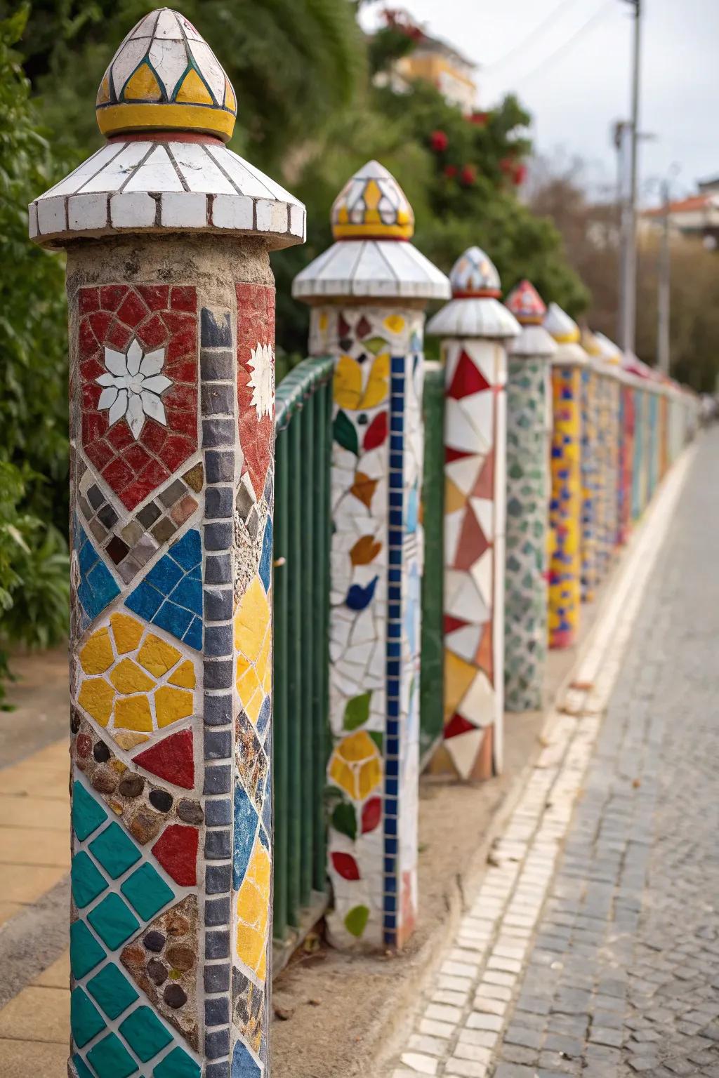 Craft beautiful patterns with mosaic tiles on your fence posts.