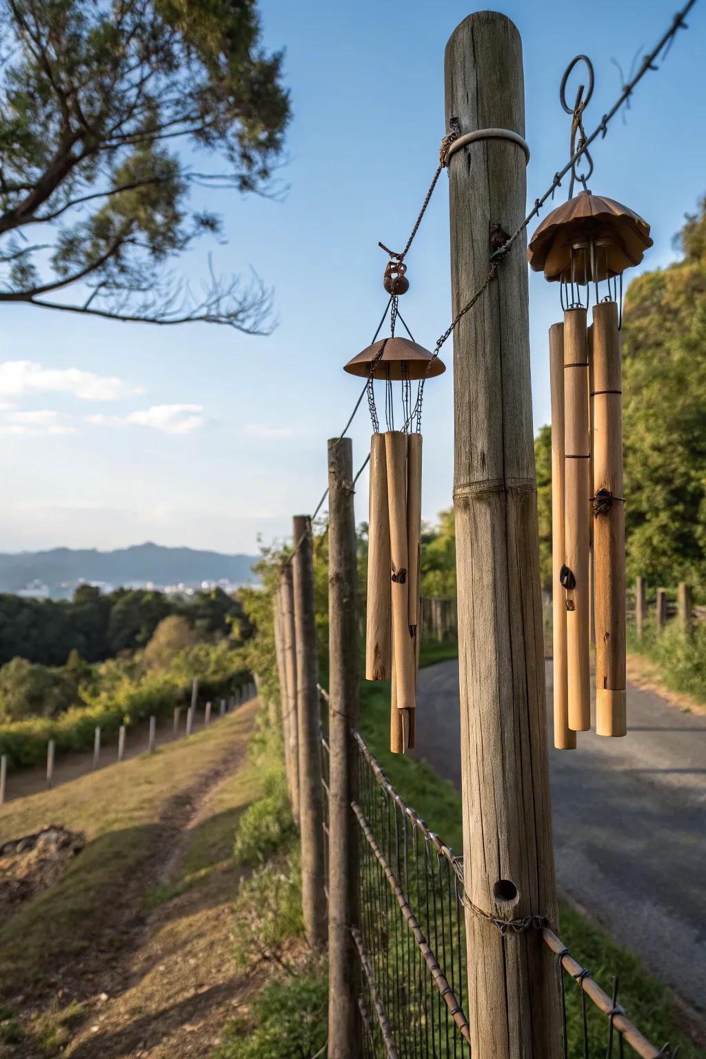 Introduce soothing sounds with wind chimes on your fence posts.