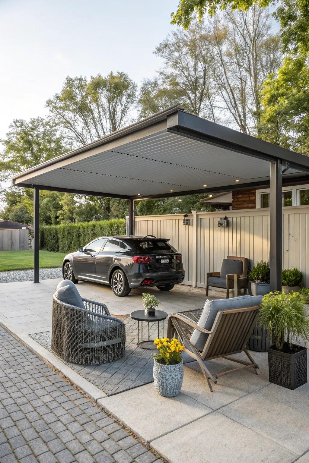 Dual-purpose carports offer relaxation and function.