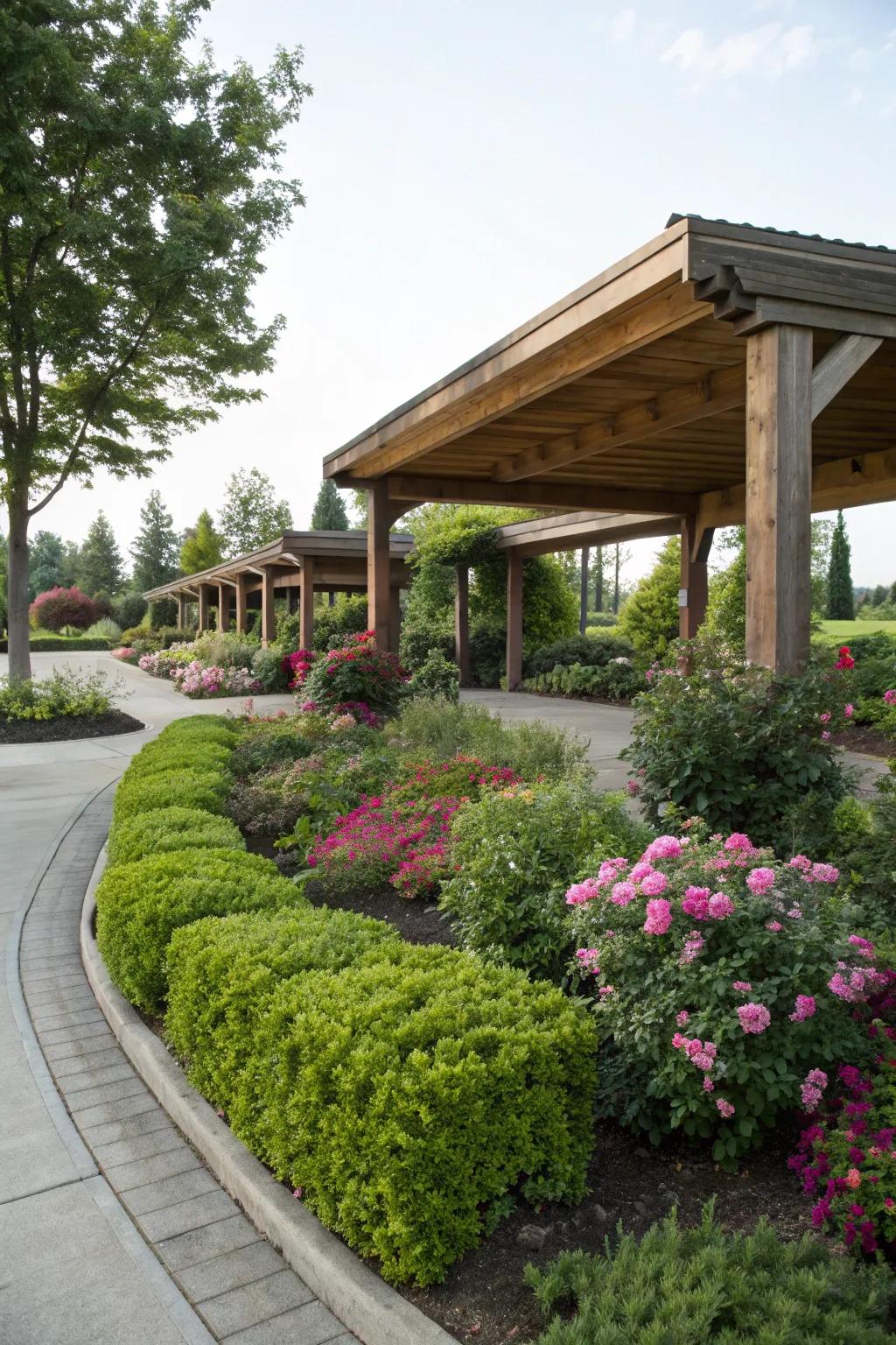 Native plants enhance the carport's natural integration.