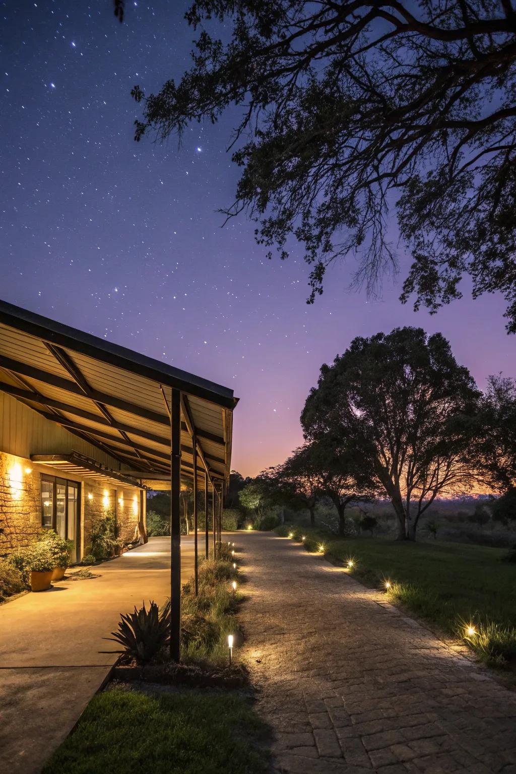 Solar lights create a magical nighttime ambiance.