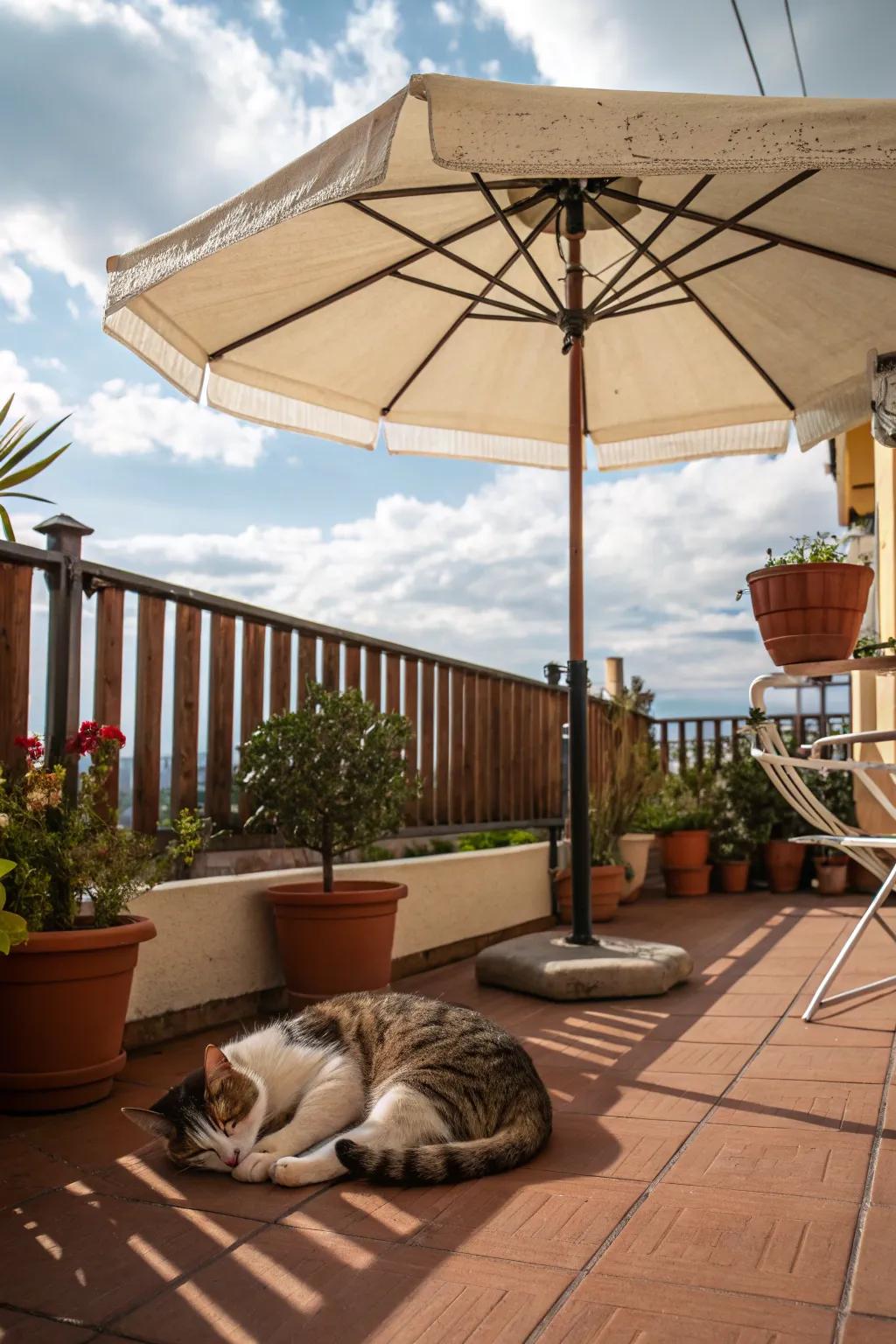 A balcony with a shaded retreat for hot days.