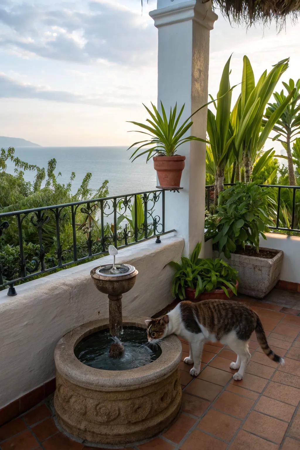 A balcony with a water feature for a soothing atmosphere.