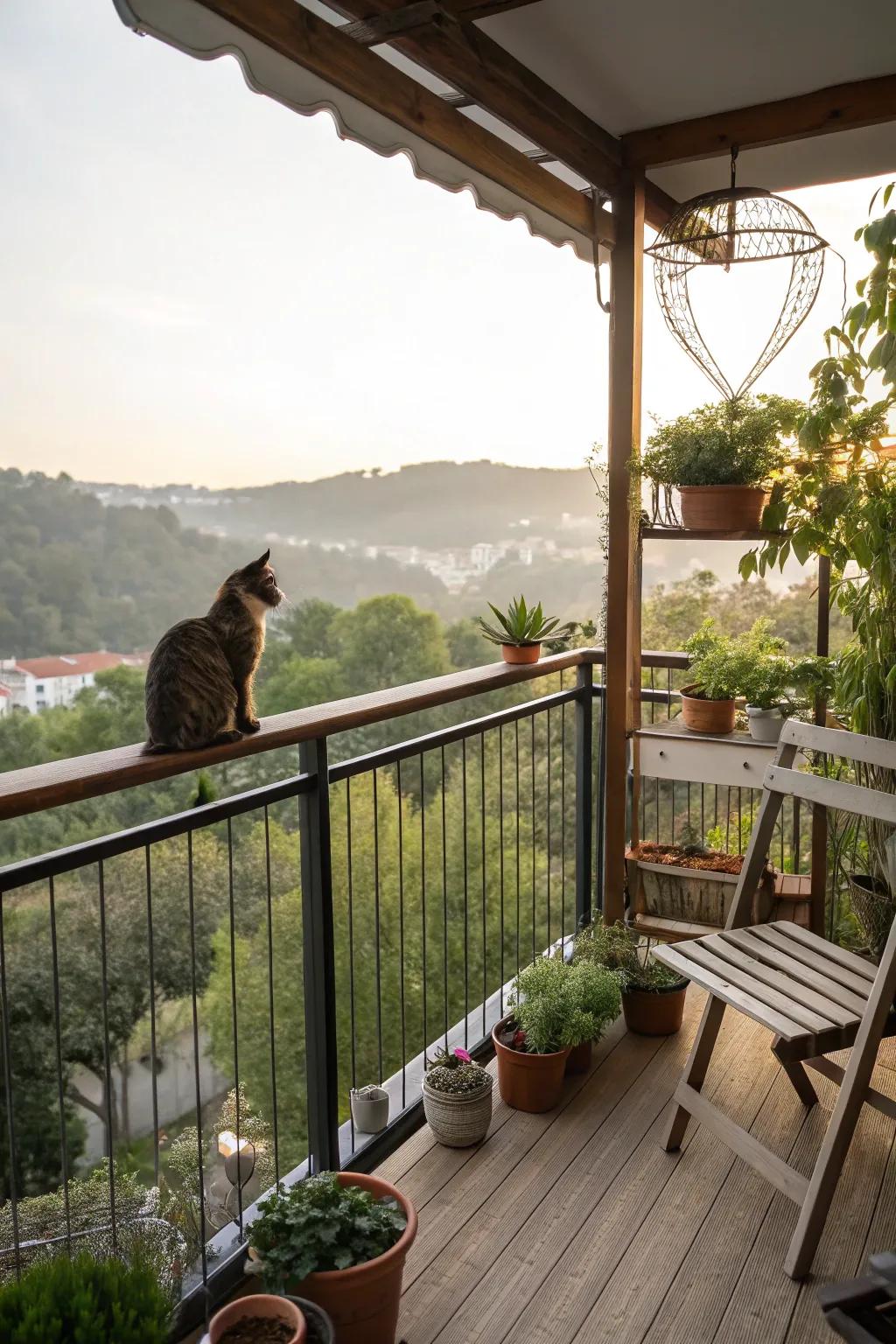 A balcony with an observation deck for curious cats.