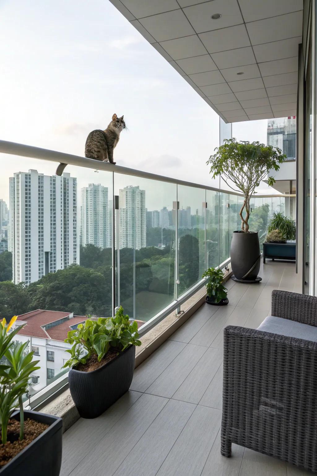 A balcony with a transparent barrier for unobstructed views.
