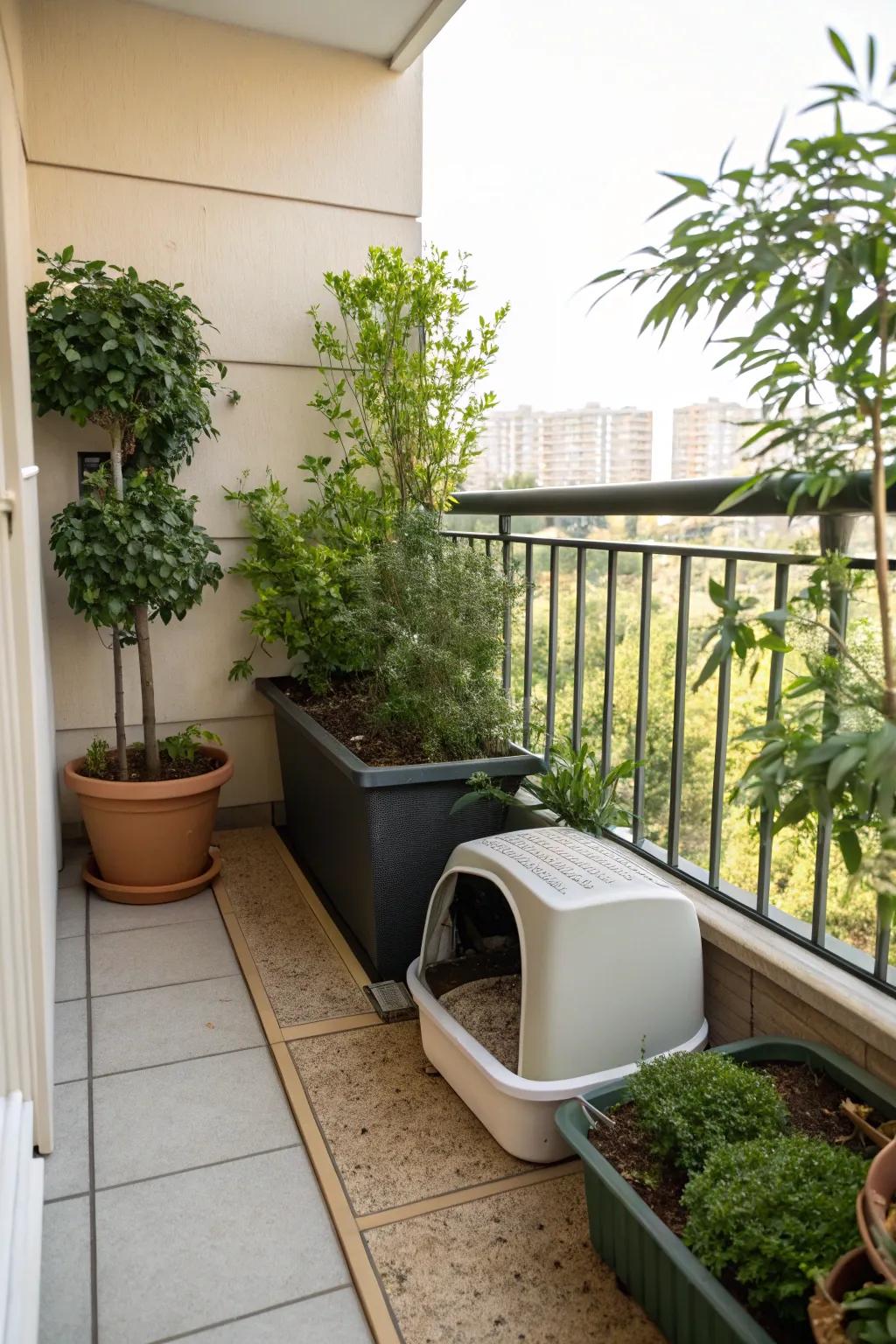 A balcony with a hidden litter box area for convenience.