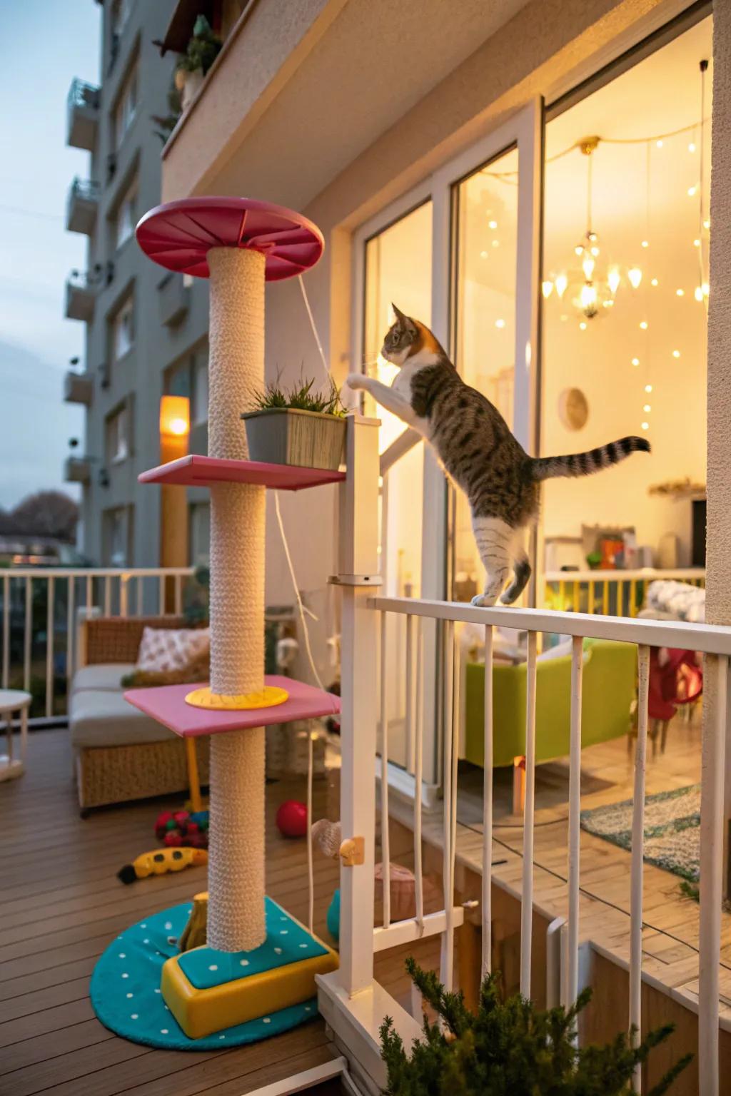 A balcony with a multi-level play area for adventurous cats.