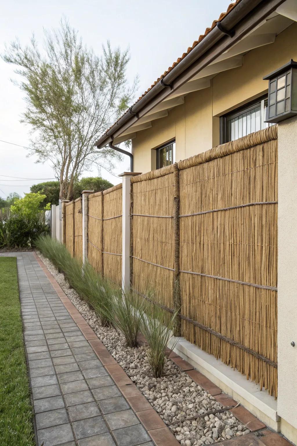 Reed fencing adds texture and warmth to walls.