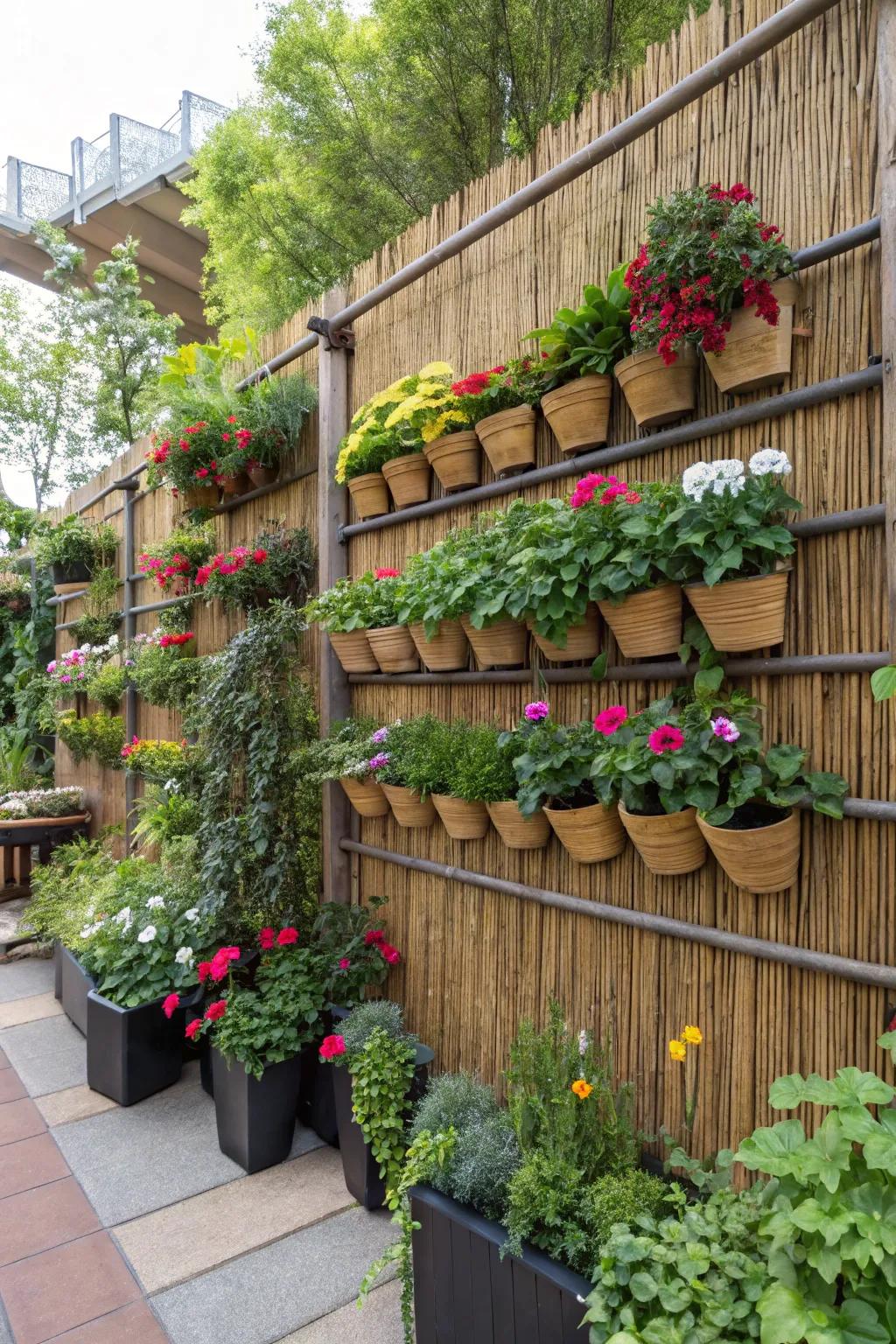Reed fencing serves as a stylish vertical garden backdrop.