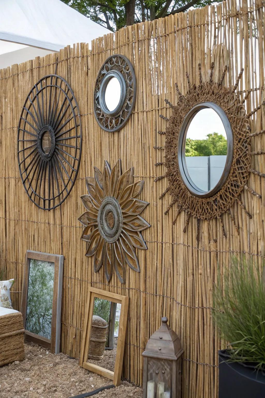 Reed fencing serves as a creative canvas for art.