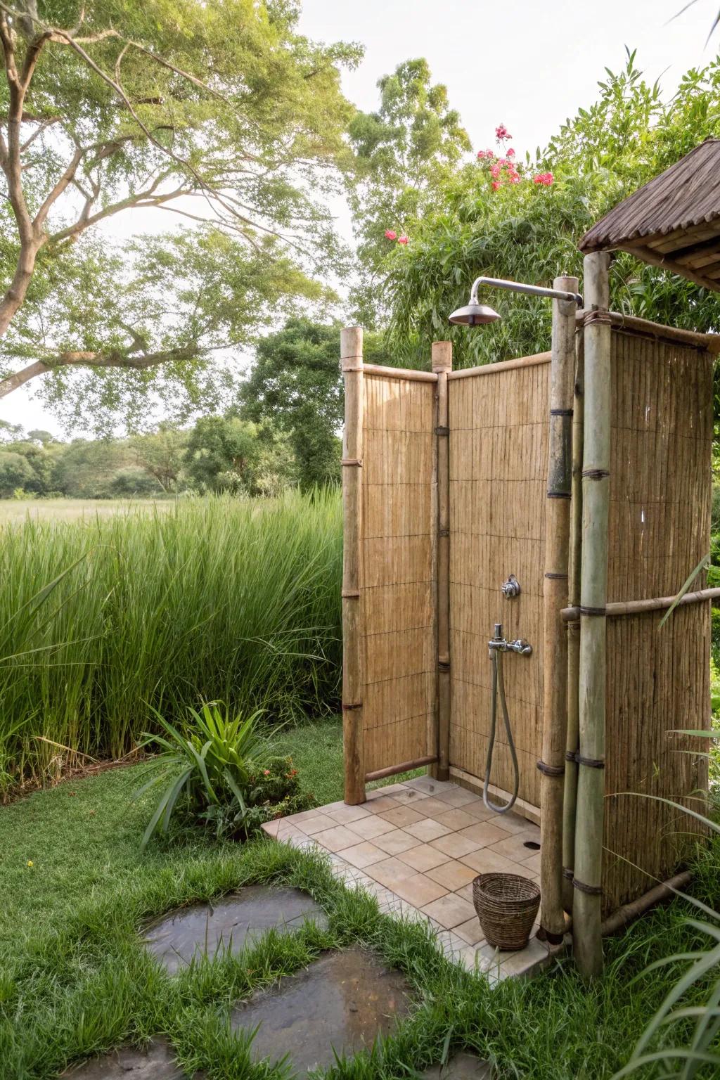 Reed fencing creates a spa-like outdoor shower.