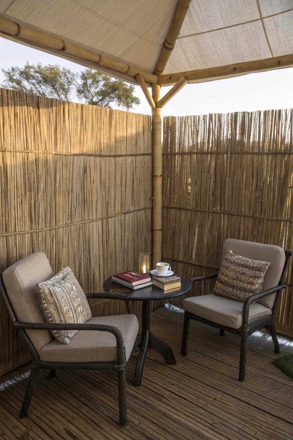 Reed fencing creates a tranquil relaxation nook.