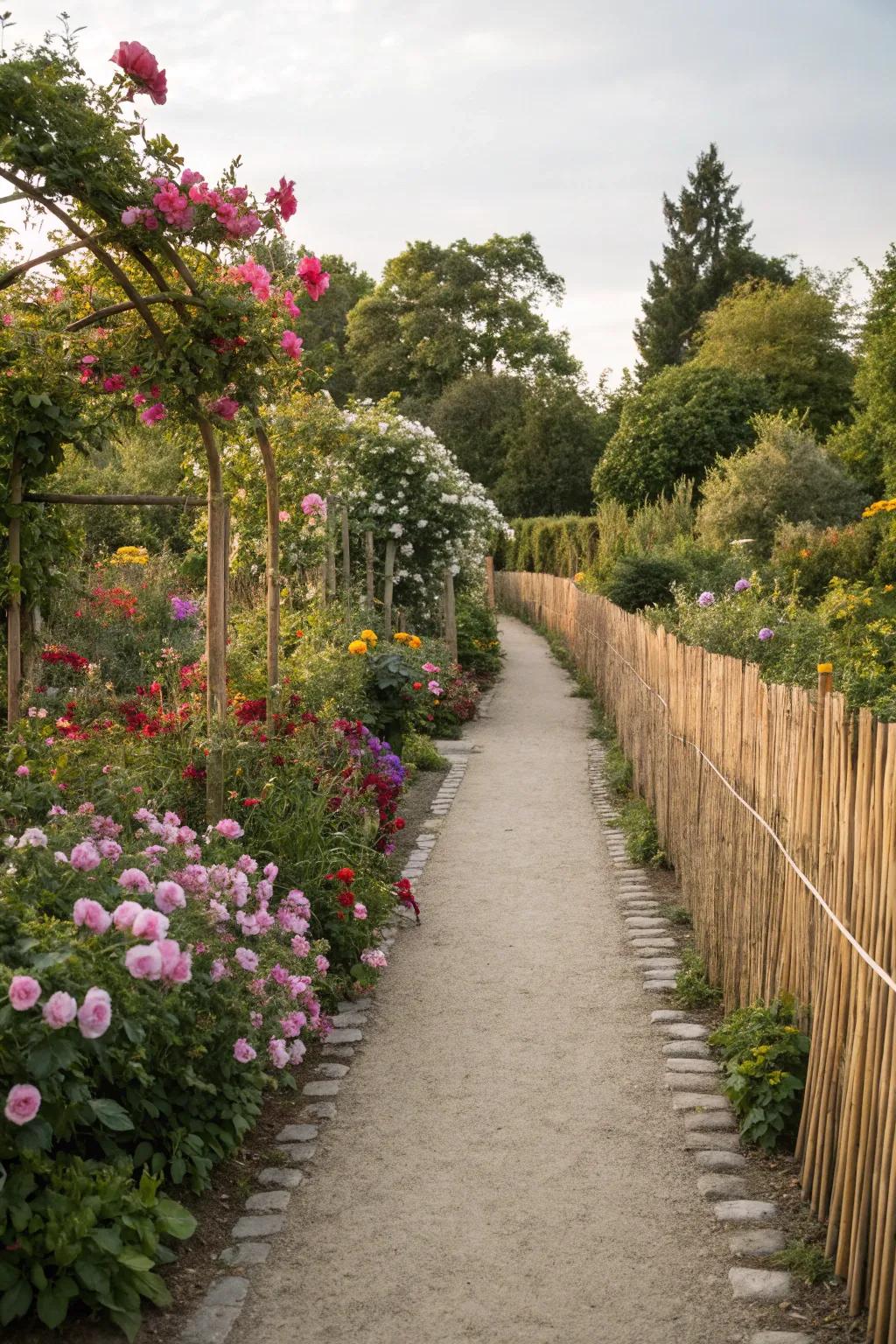 Reed fencing enhances garden paths with natural charm.
