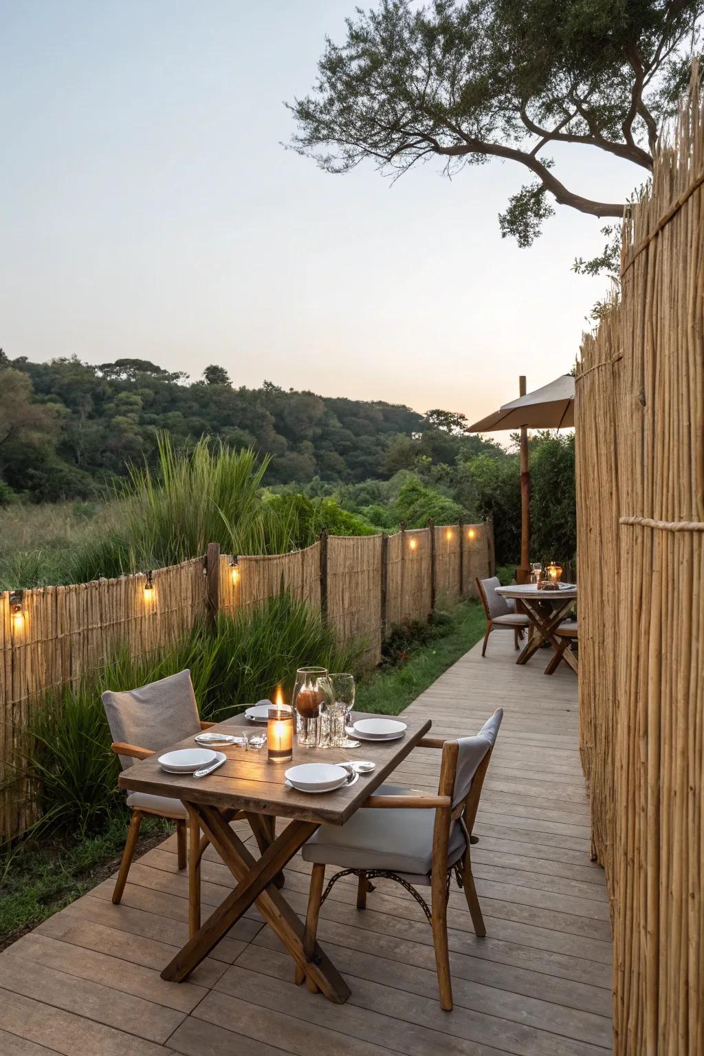 Reed fencing creates an intimate and serene dining experience.
