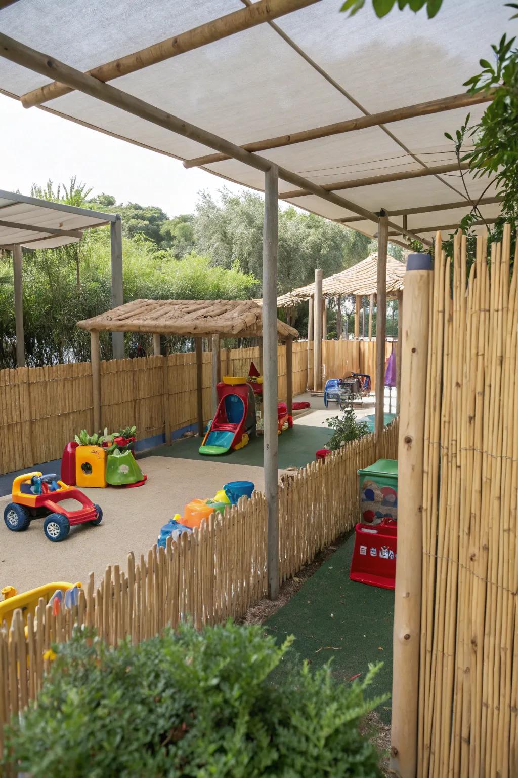 Reed fencing safely encloses play areas.