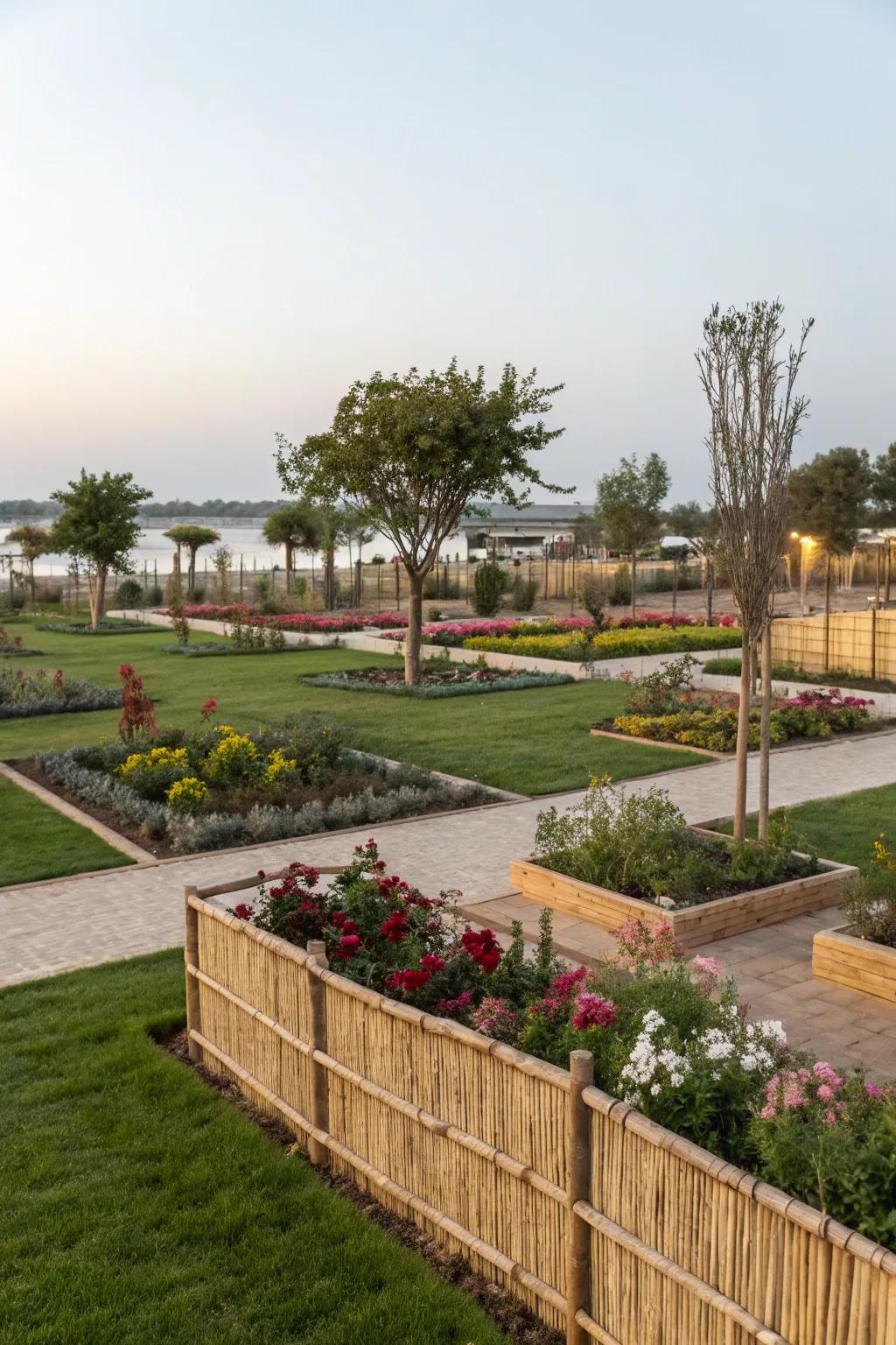 Reed fencing organizes large yards into inviting zones.