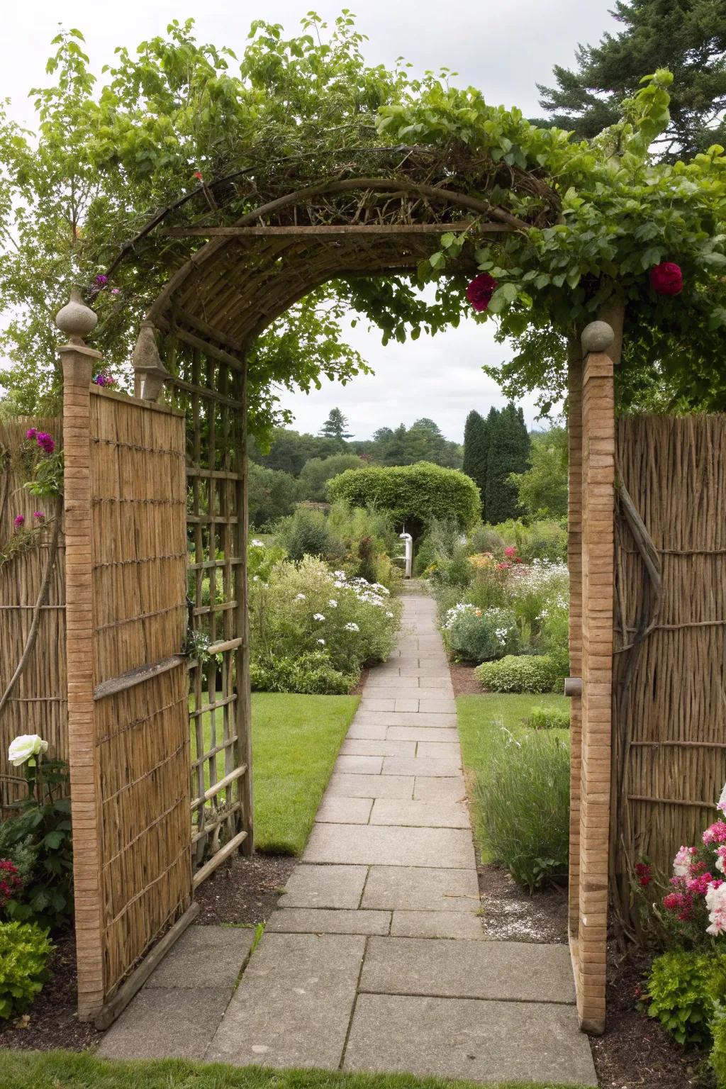 Reed fencing creates a charming garden gateway.