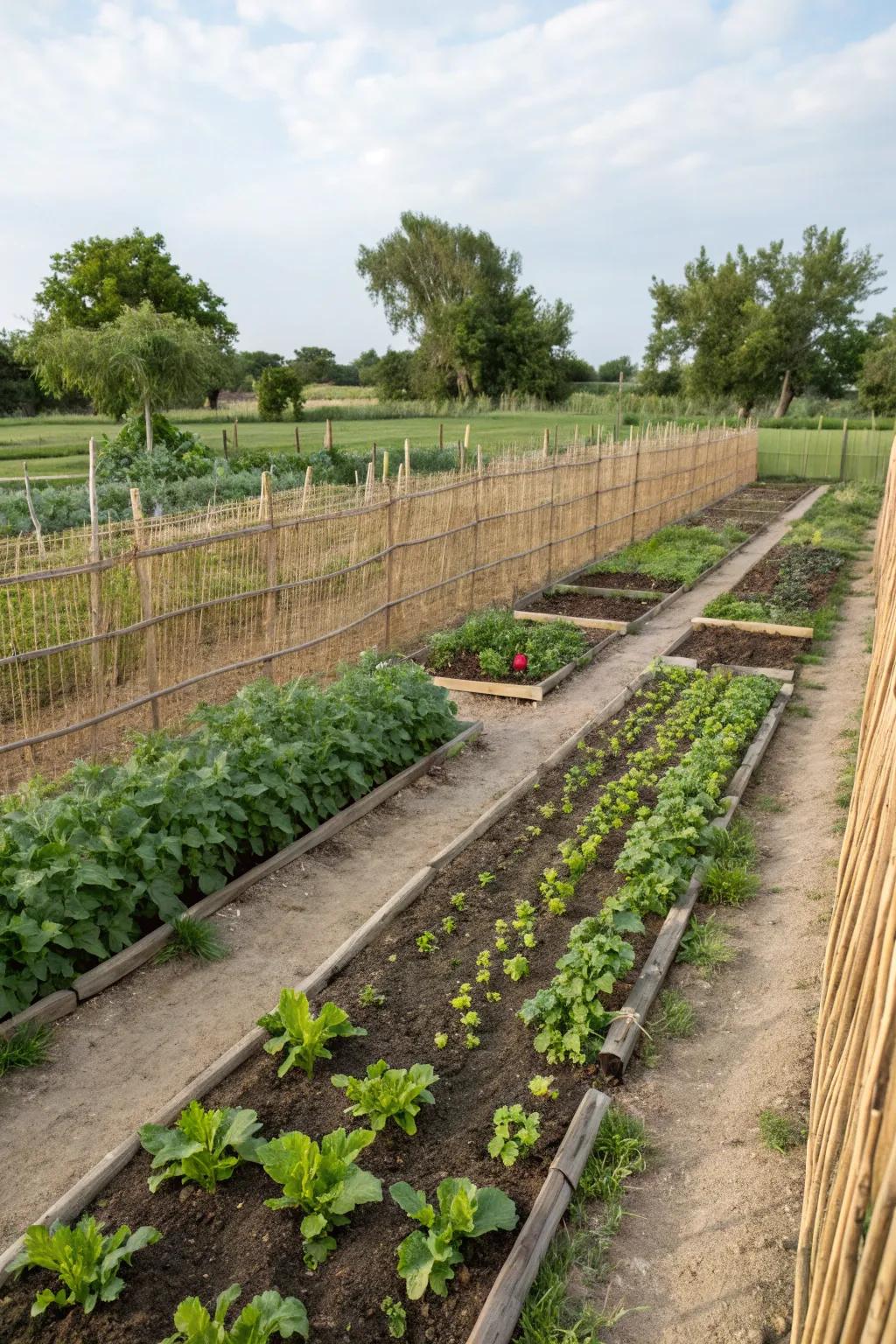 Reed fencing neatly partitions vegetable gardens.
