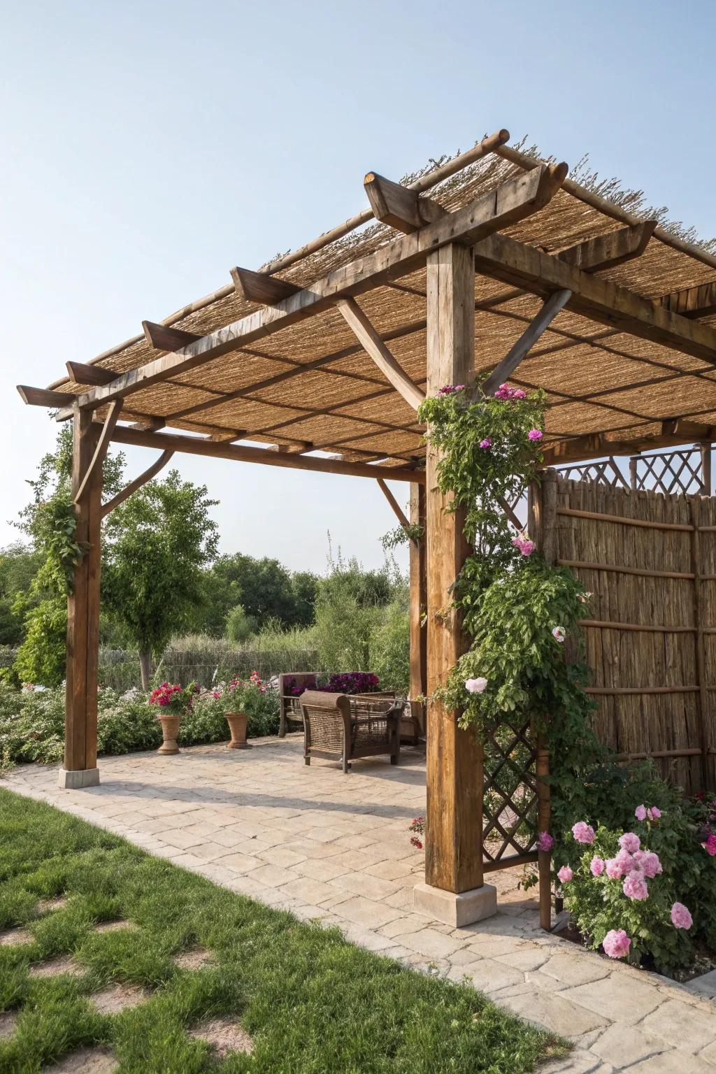 Reed fencing adds rustic charm to pergolas.