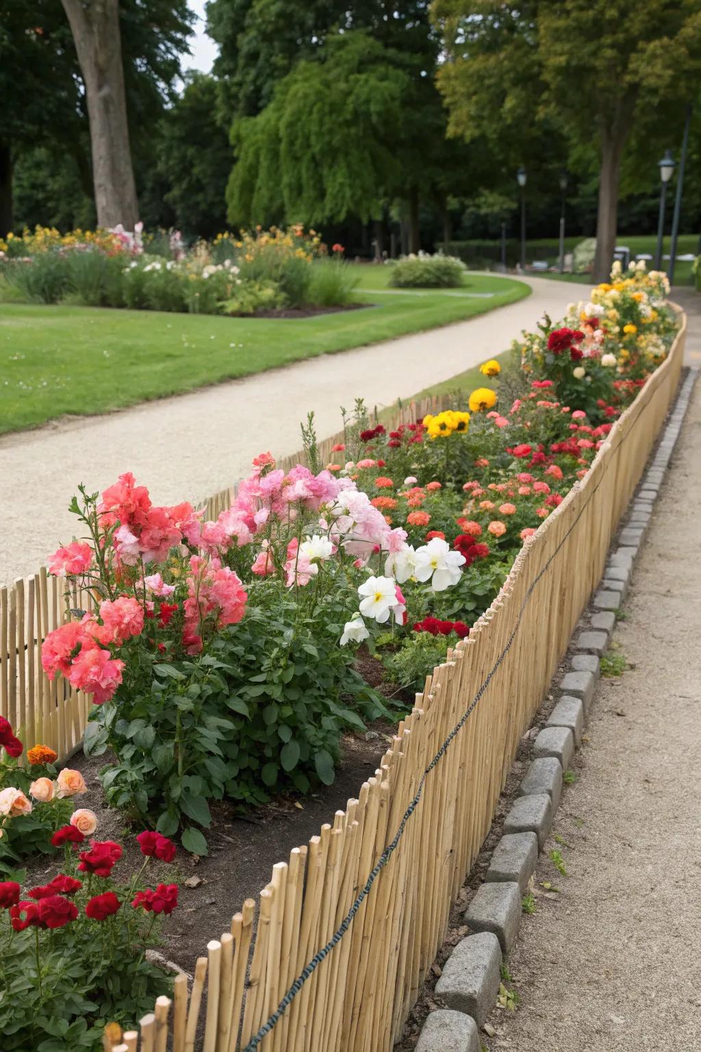 Reed fencing beautifully highlights flower beds.