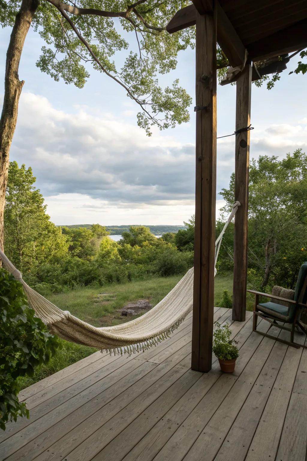A tranquil hammock setup on a deck.
