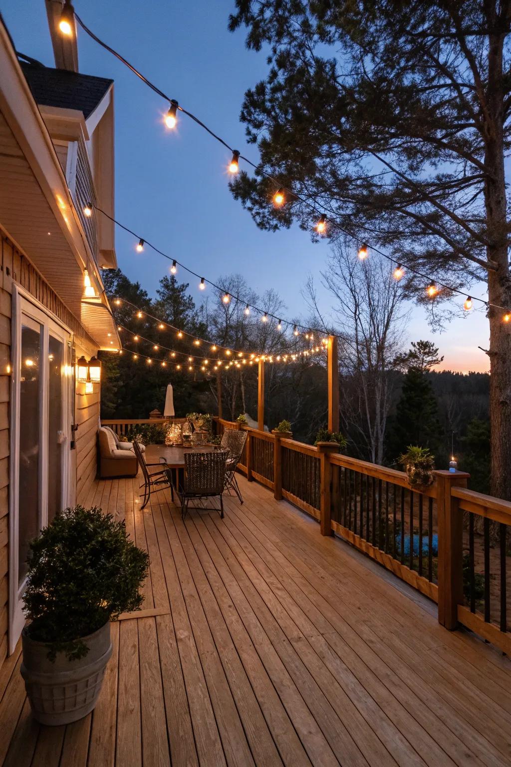 String lights add a magical touch to this deck.