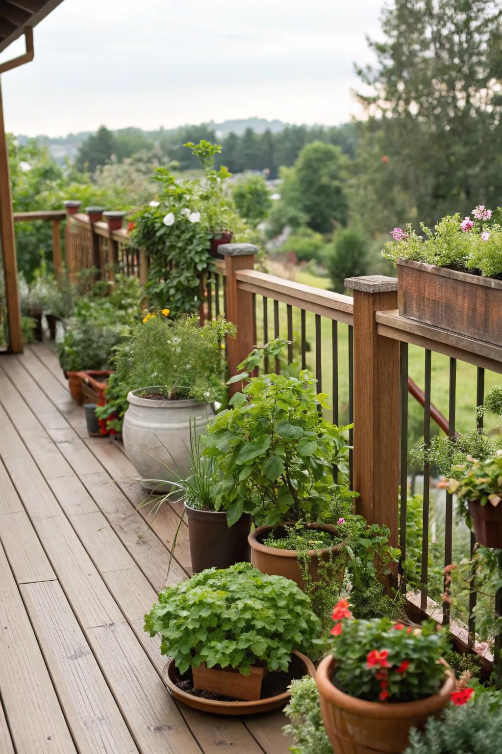 A deck adorned with vibrant greenery.