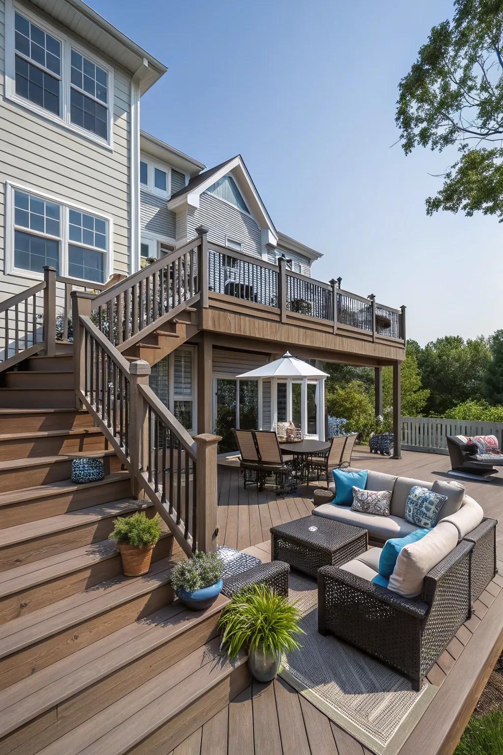 A multi-level deck with versatile spaces.