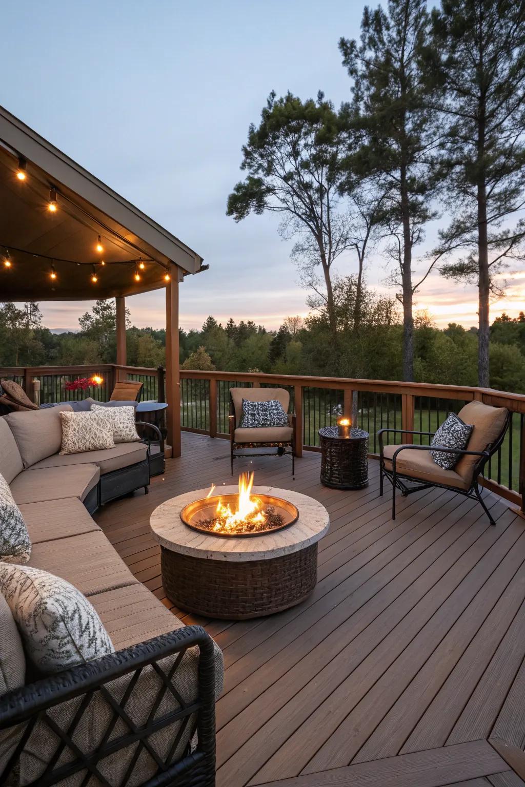 A fire pit adds warmth to this deck.