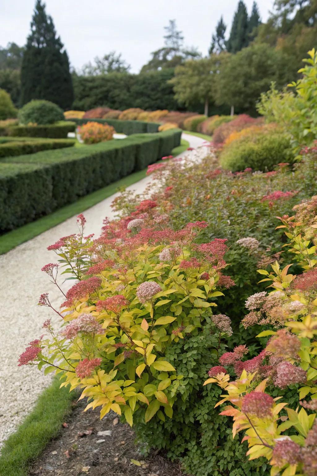 Spirea shrubs providing interest throughout the year.