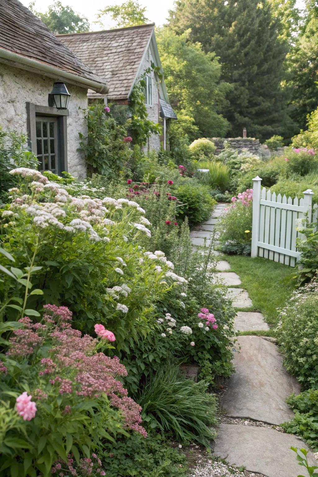Spirea shrubs enhancing a charming cottage garden setting.