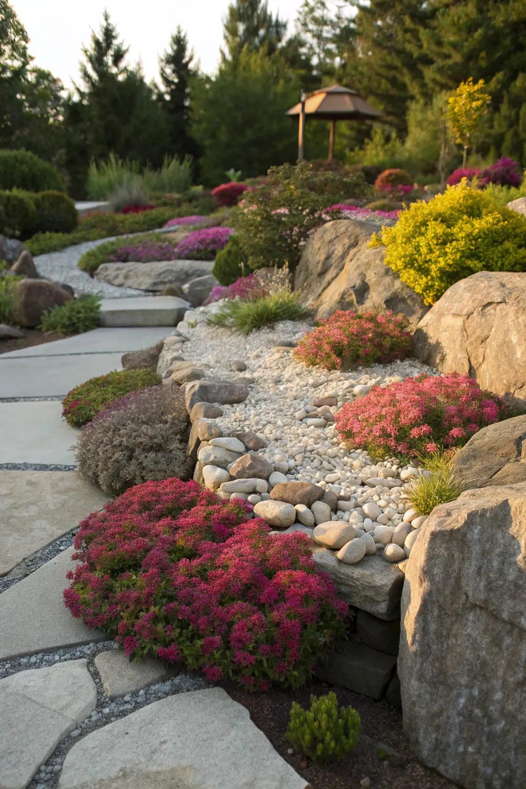 Spirea shrubs bringing vibrancy to a rock garden.