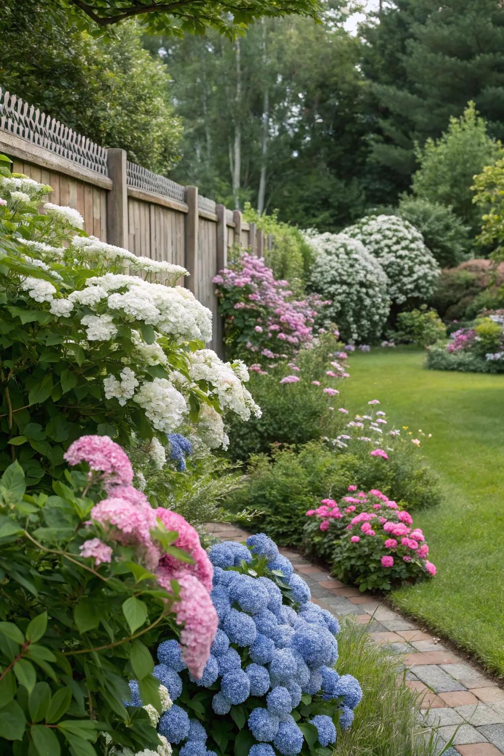 A harmonious garden combination of spirea and hydrangeas.