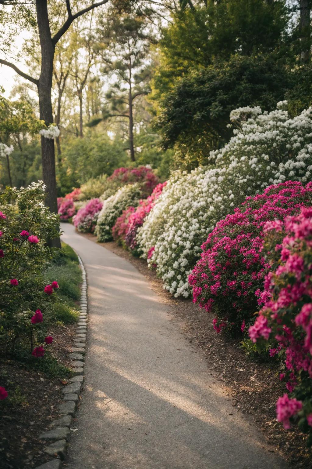 Garden paths framed by the vibrant beauty of spirea shrubs.
