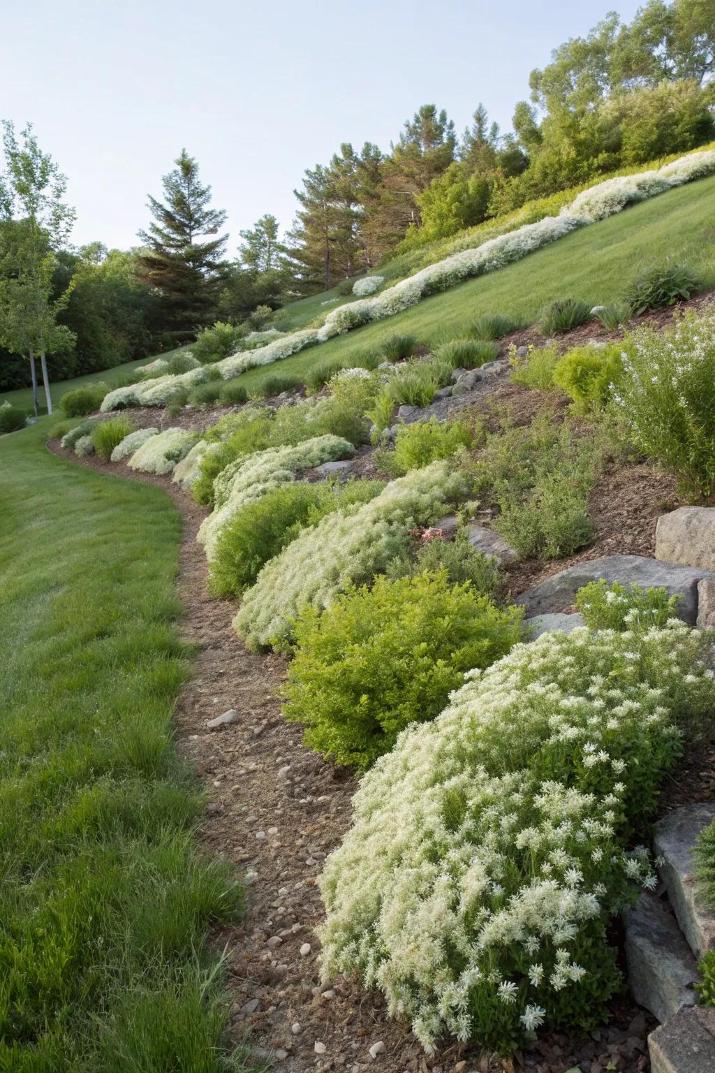 Spirea shrubs stabilizing a sloped garden landscape.