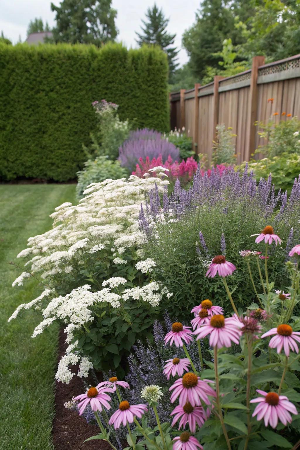 A vibrant mix of spirea and perennials for a lush garden bed.