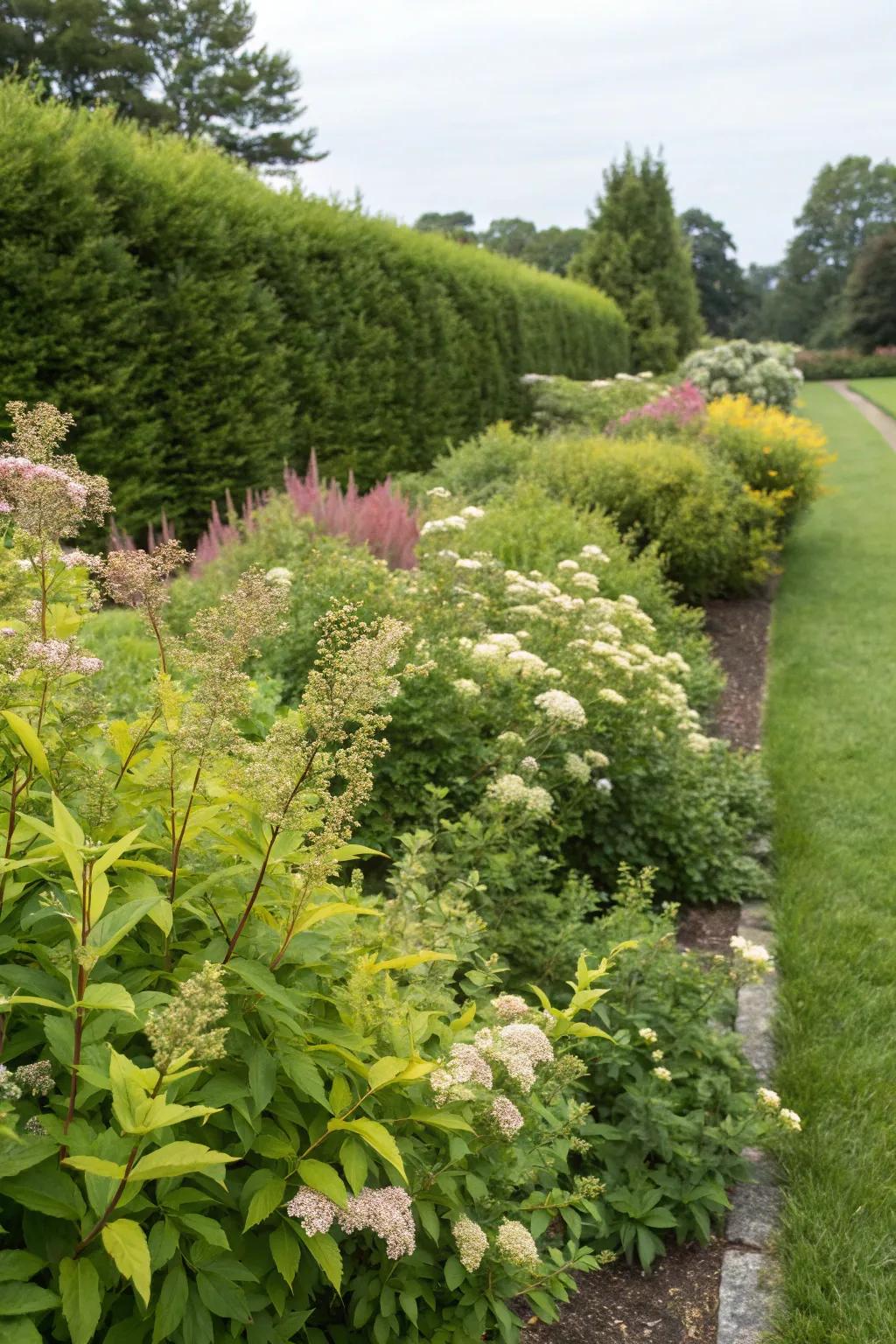 A diverse garden border with spirea among various shrubs.