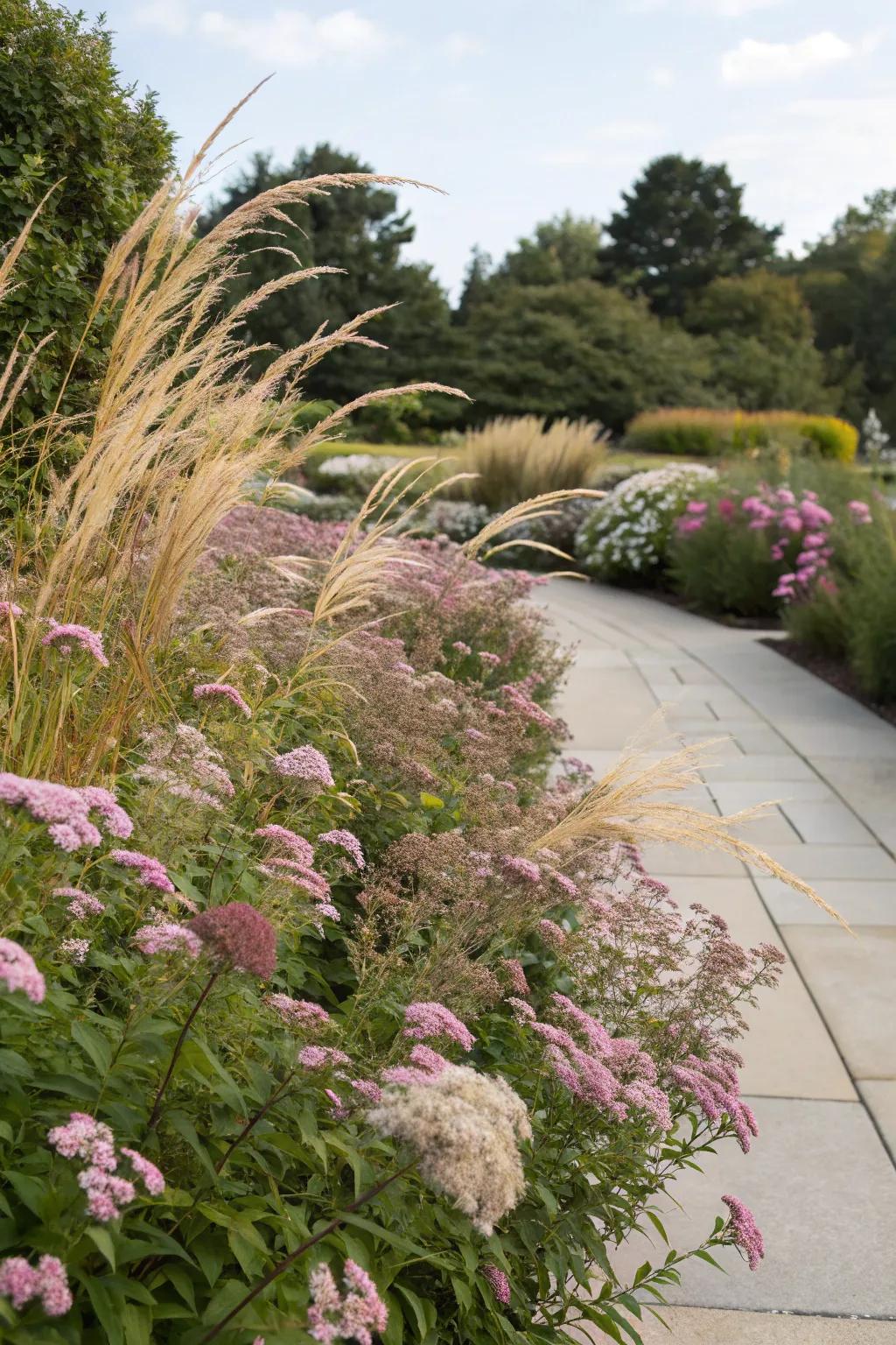 A dynamic garden with spirea and ornamental grasses.