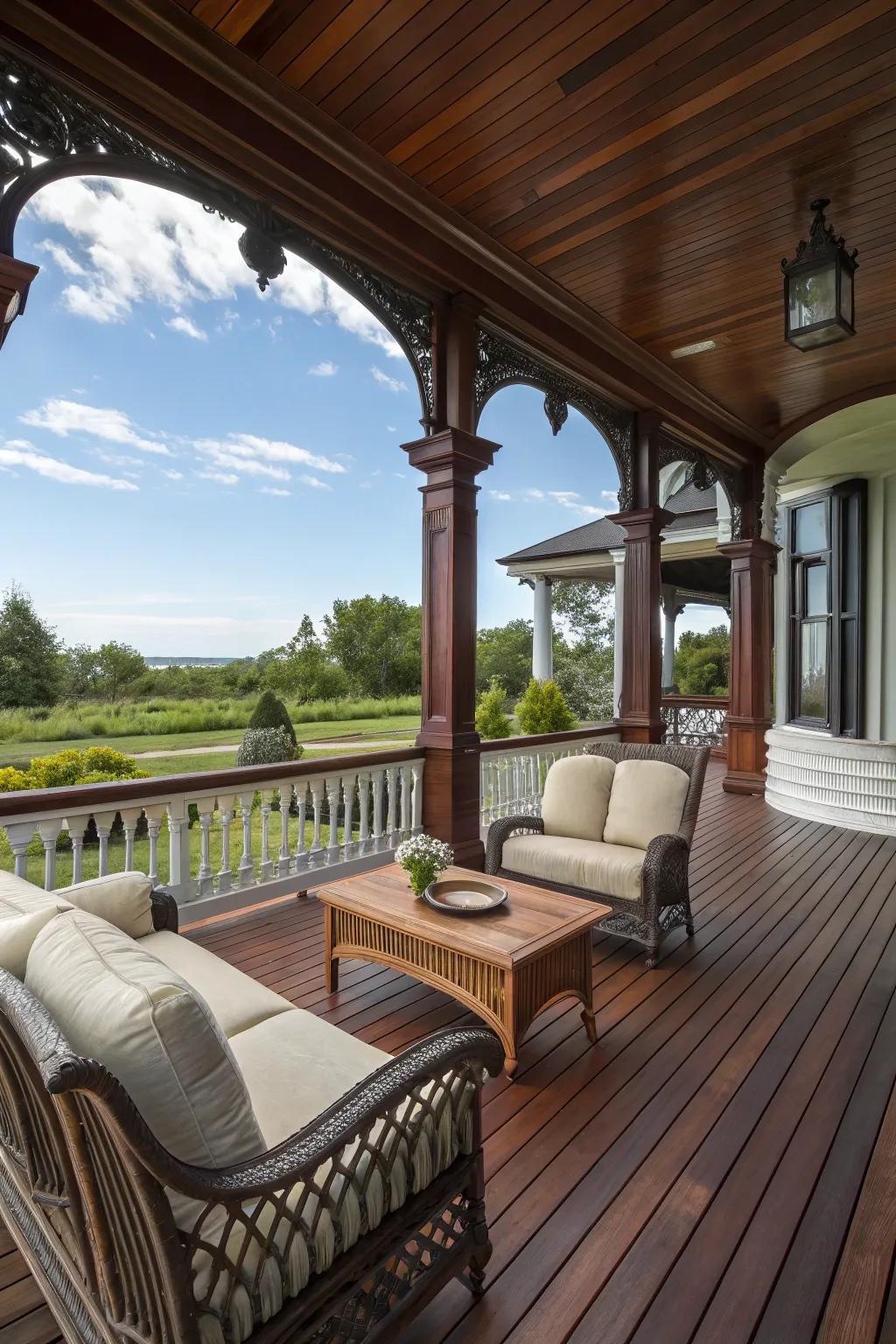 Elegant mahogany stain brings sophistication to your outdoor living space.