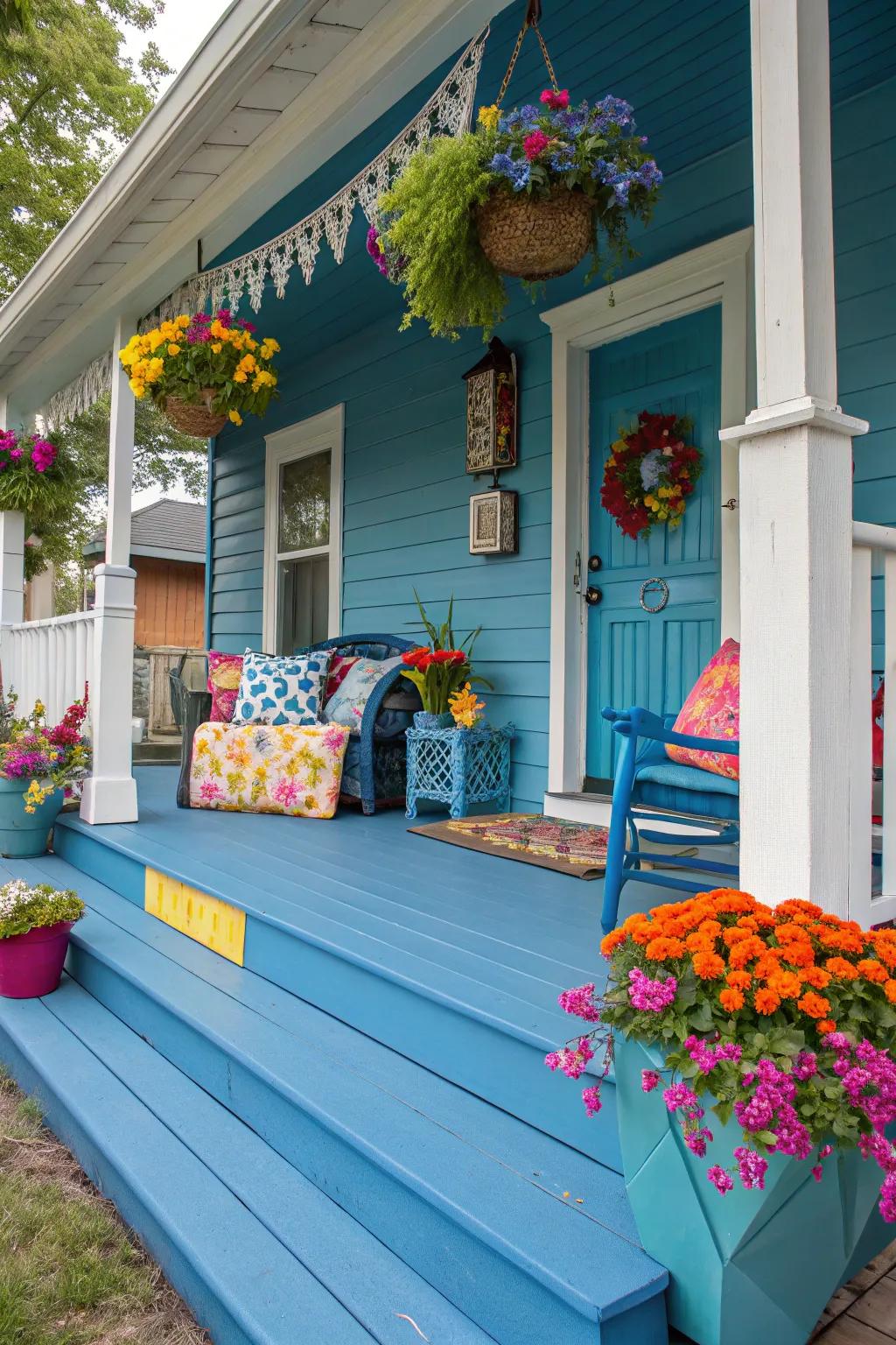 Bold blue stain adds a playful and eye-catching element to your porch.