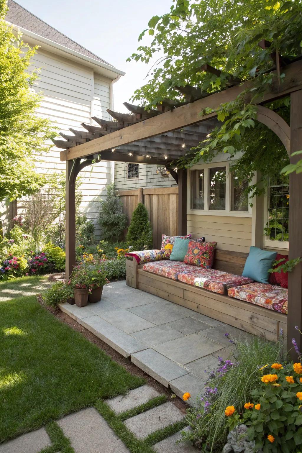 Built-in seating under a pergola provides comfort and efficiency.