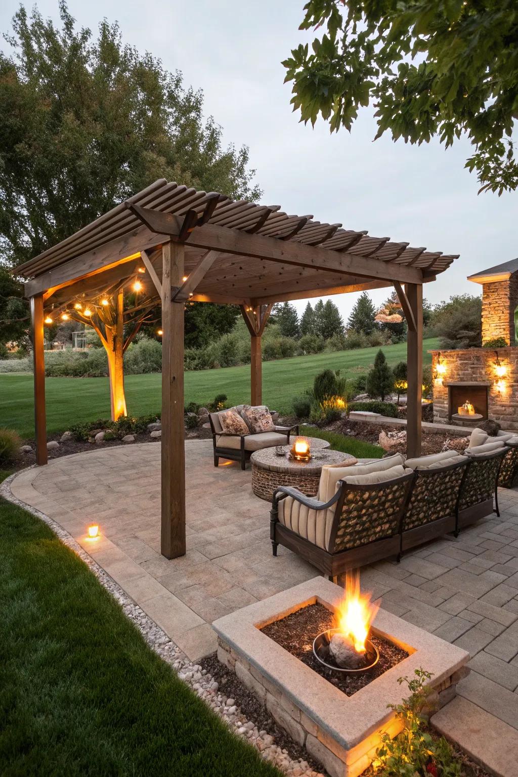 A fire pit under a pergola creates a warm and inviting gathering spot.