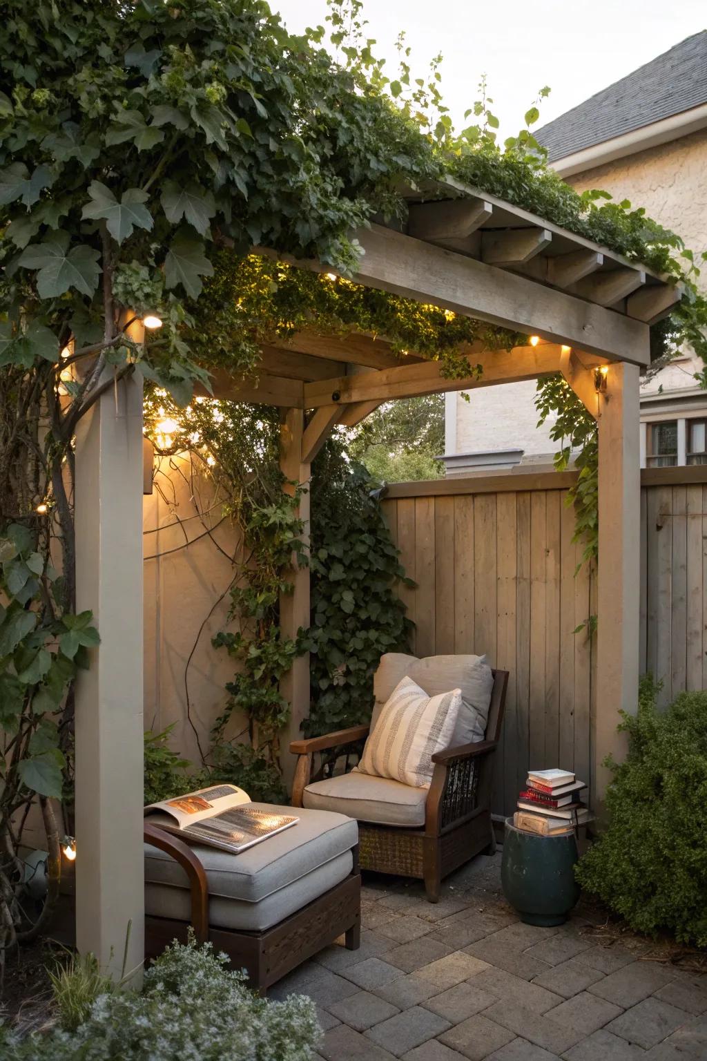 A reading nook under a pergola offers a perfect escape for book lovers.