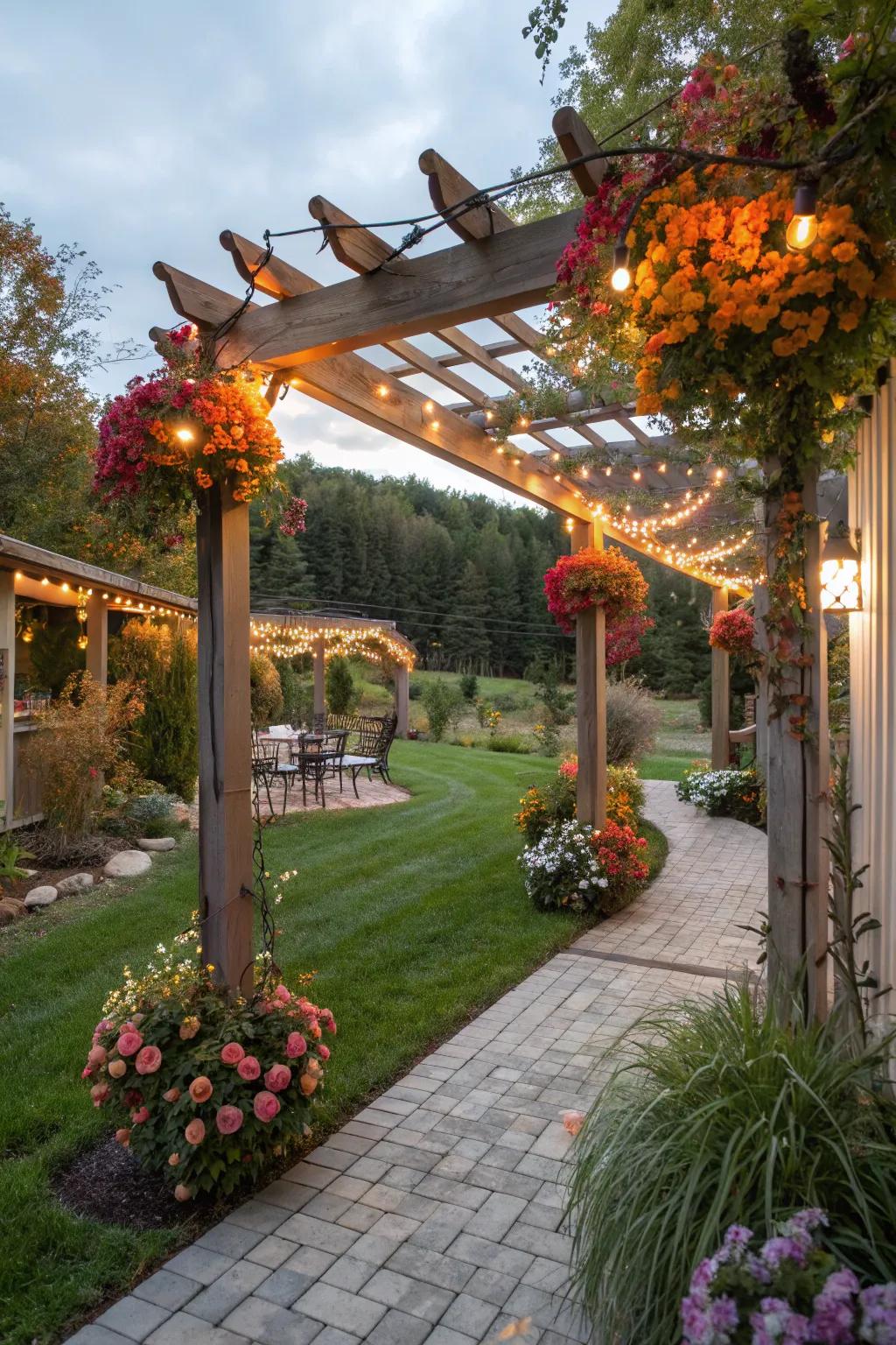 Seasonal decorations turn a pergola into a dynamic and lively space.