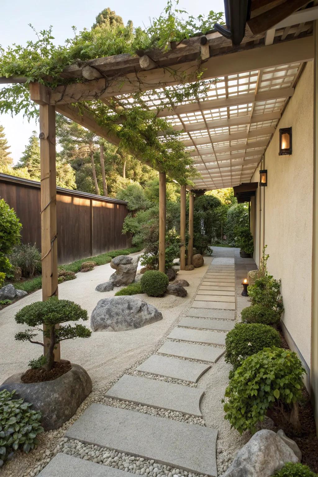 A Zen garden under a pergola provides a peaceful sanctuary.